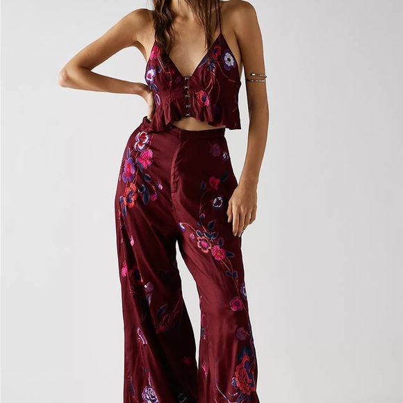 Free People Mimi Burgundy Floral Detail Matching Pant and Top Set - Picture 1 of 4